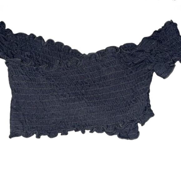 FREE PEOPLE “SMOCK IT TO ME” CRISS CROSS OFF THE SHOULDER CROP TOP BLACK  SMALL - Picture 4 of 10